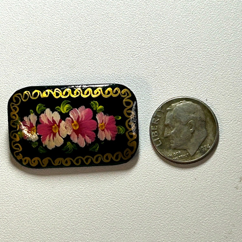 Vintage Russian Rectangular Floral Lacquer Brooch… - image 4